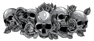 drawing of skulls mixed with flowers
