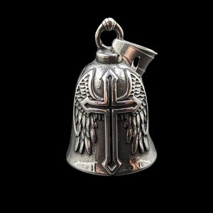 silver motorcycle bell with angel wings and cross