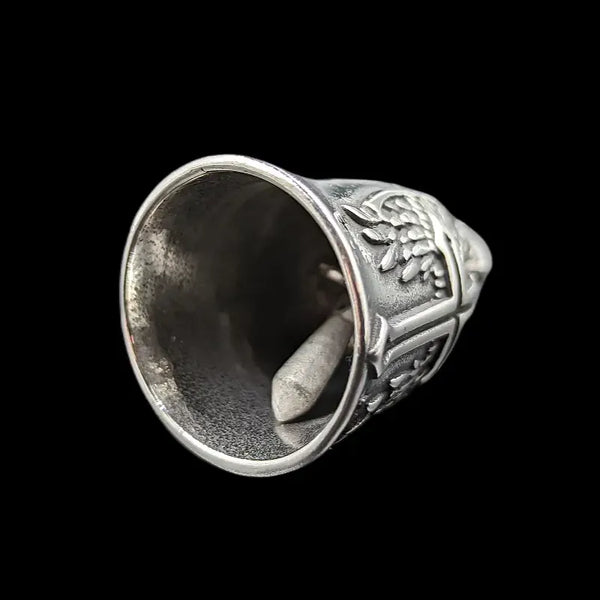 silver motorcycle bell with angel wings and cross