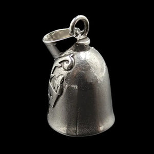 silver motorcycle bell with rose and text of lady rider