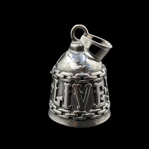 silver gremlin bell with text live to ride