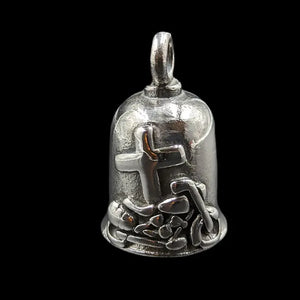 silver gremlin bell with motorcycle and cross