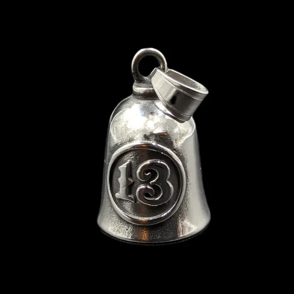 silver gremlin bell with thirteen outlaw symbol