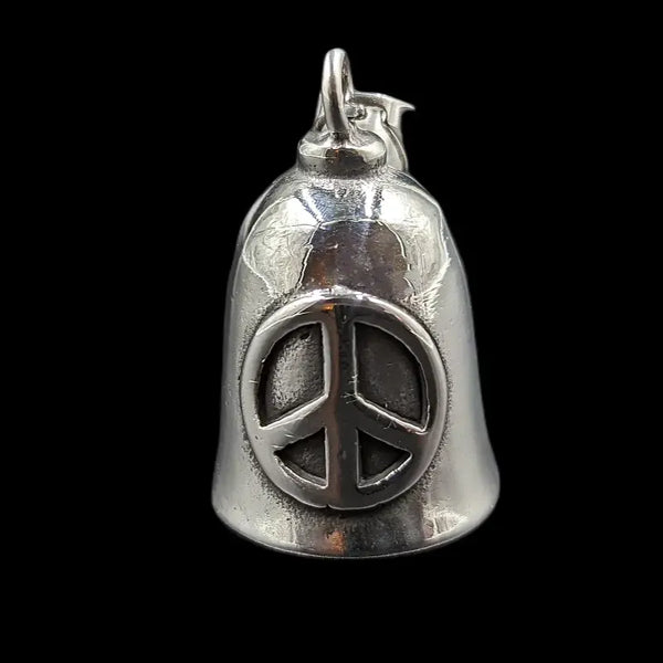 silver gremlin bell with peace sign