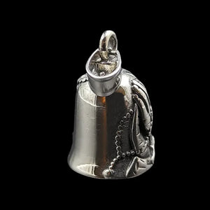 silver gremlin bell with praying hands and rosary