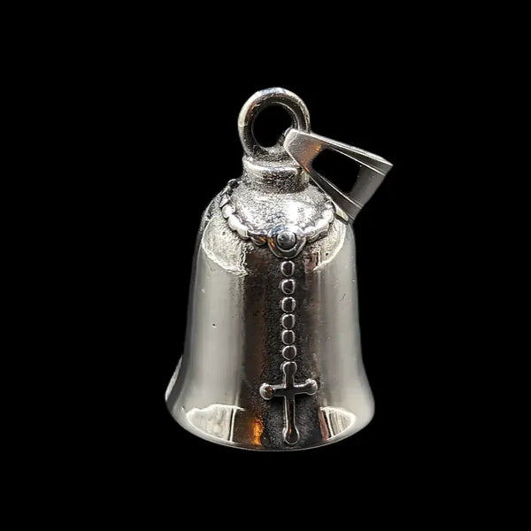 silver gremlin bell with praying hands and rosary