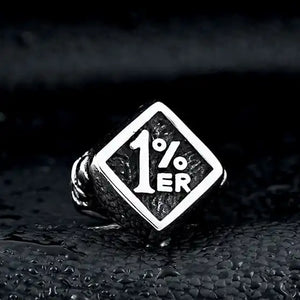 silver outlaw biker ring with 1 percenter logo and skull