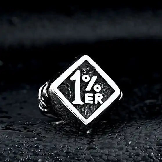 silver outlaw biker ring with 1 percenter logo and skull