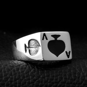 silver ring with ace of spades symbols on front and sides