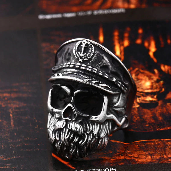 silver skull ring of pirate ship captain with beard