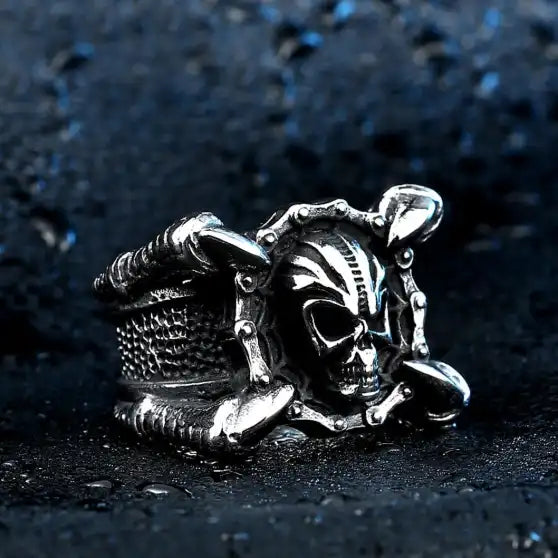 silver skull ring with motorcycle chain and dragon claws