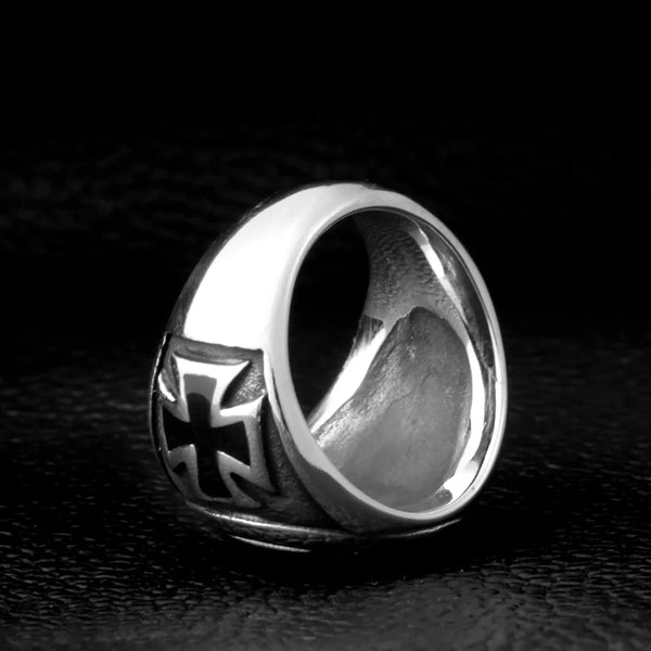 silver ring with biker cross on front and sides