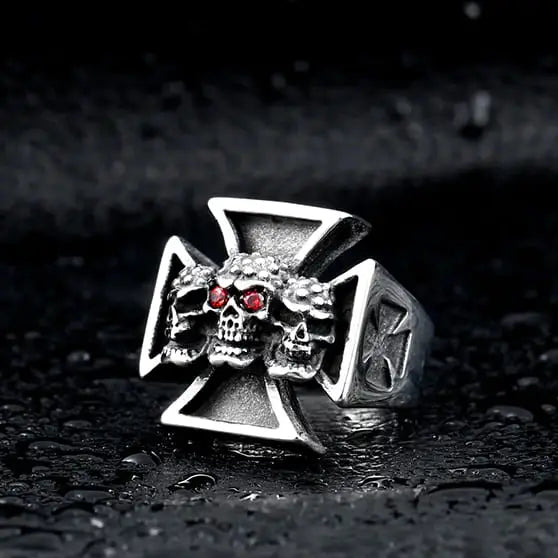silver ring with biker cross and skulls