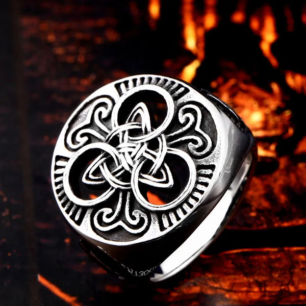silver ring with celtic trinity knot and valknut symbol