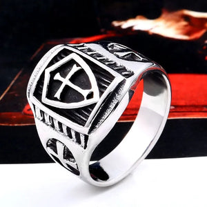 silver ring with knight's templar symbol of cross and shield