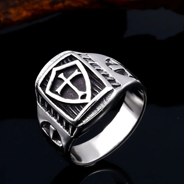 silver ring with knight's templar symbol of cross and shield