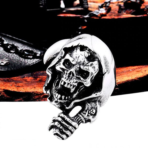 silver skull ring of grim reaper with scythe