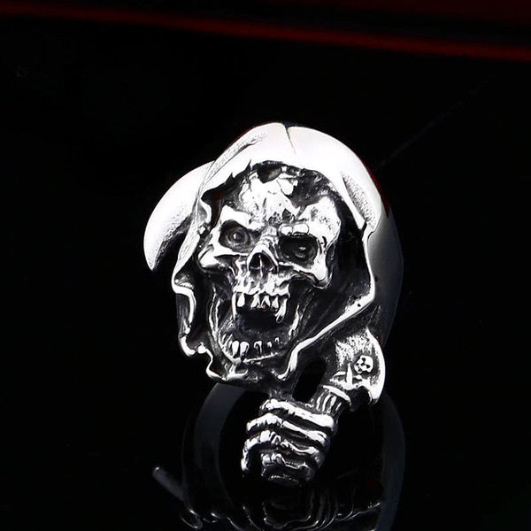 silver skull ring of grim reaper with scythe