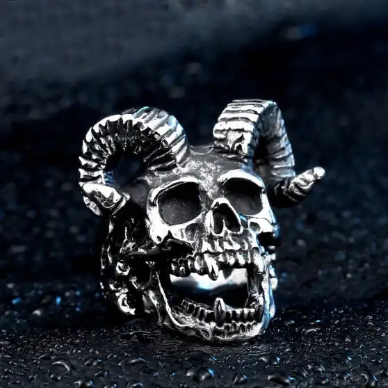 right view of silver stainless steel skull ring with horns