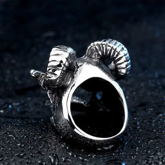 back view of silver stainless steel skull ring with horns
