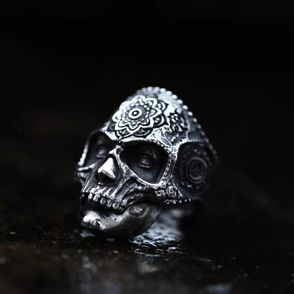 silver skull ring with mandala flower on forehead