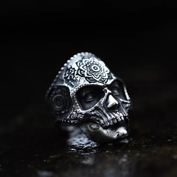 silver skull ring with mandala flower on forehead