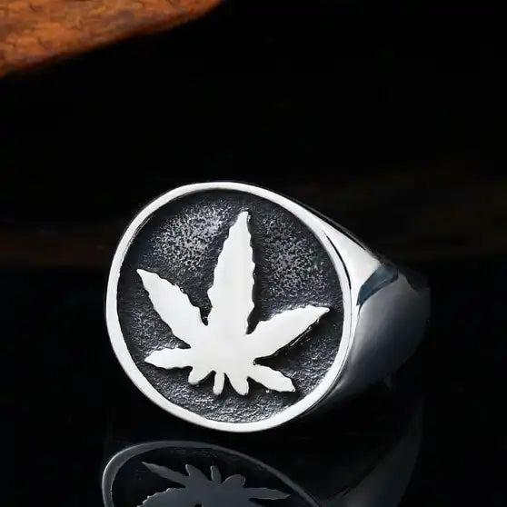 silver ring with marijuana leaf