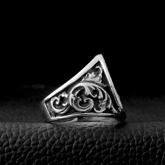 silver freemason ring with square and compass symbols