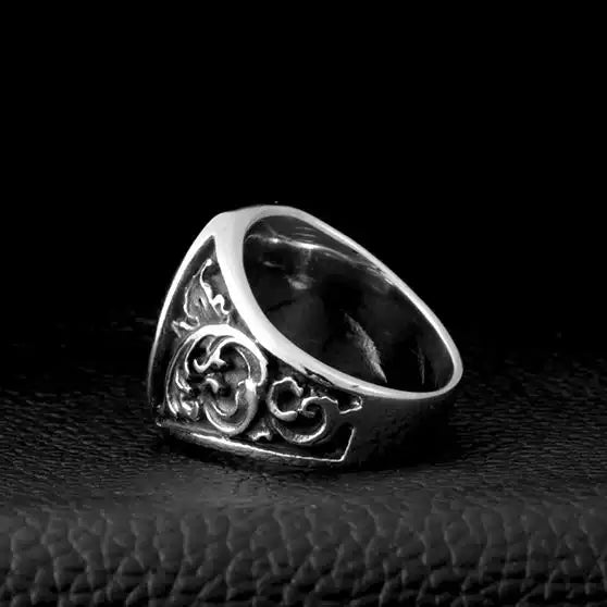 silver freemason ring with square and compass symbols