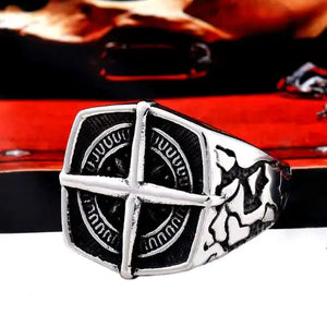 silver pirate ring with sun cross symbol