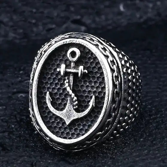 silver pirate ring with fouled anchor and rope