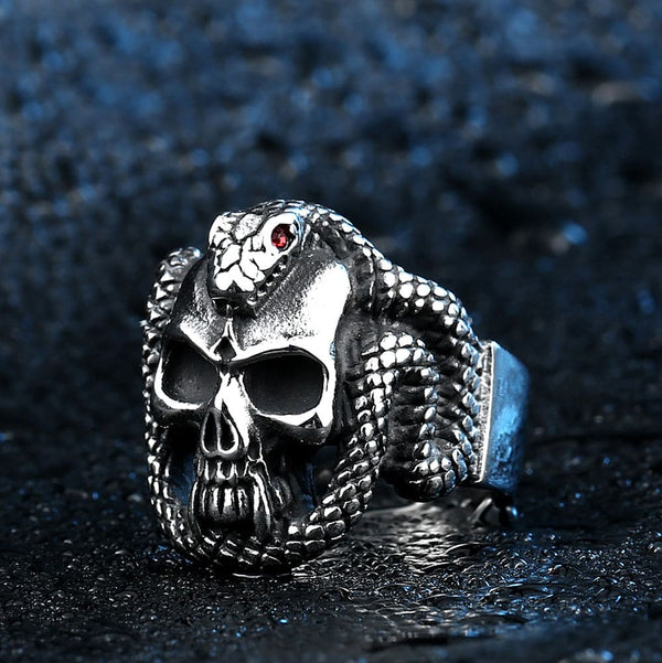 Silver Metal Skull Ring with Cigar in Mouth and One Red Eye Stainless –  Heavy Metal Armor