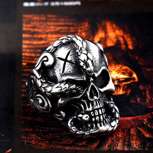 silver skull ring with snake curled through skull