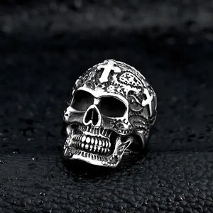 silver skull ring with cross