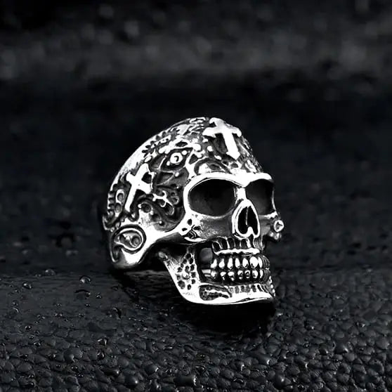 silver skull ring with cross