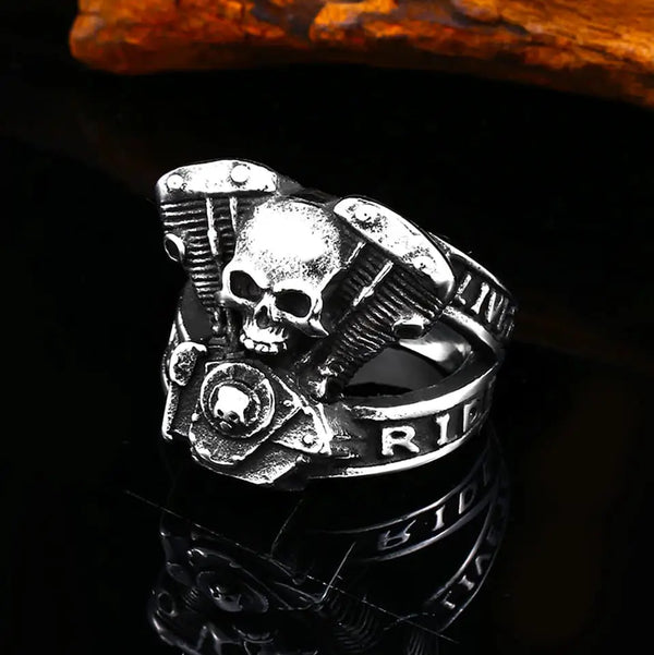 silver biker ring with skull and v twin motorcycle engine