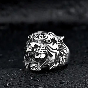 silver ring of roaring tiger head
