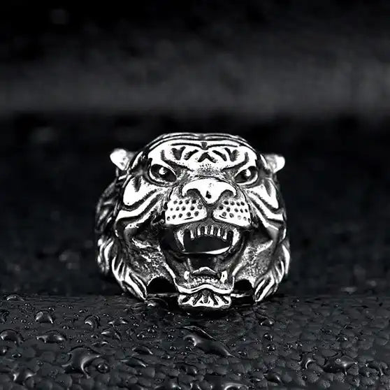 silver ring of roaring tiger head