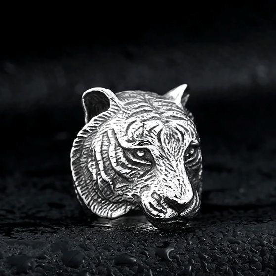 silver ring of a tiger's head