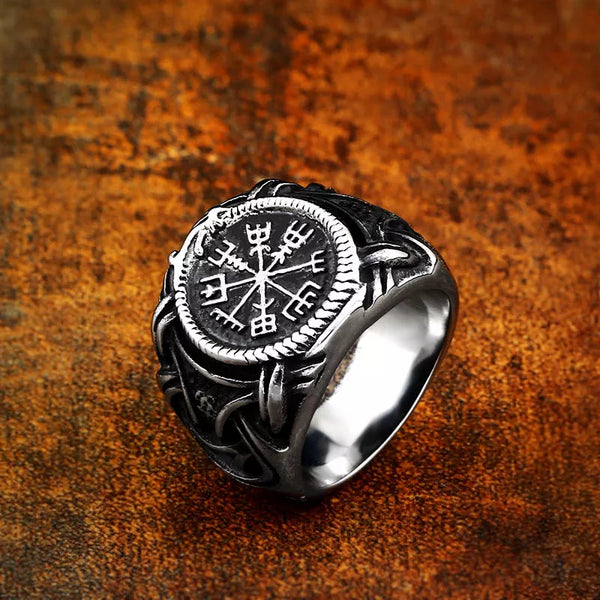 silver ring with vegvisir symbol