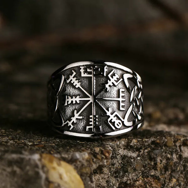silver ring with vegvisir symbol and celtic knot