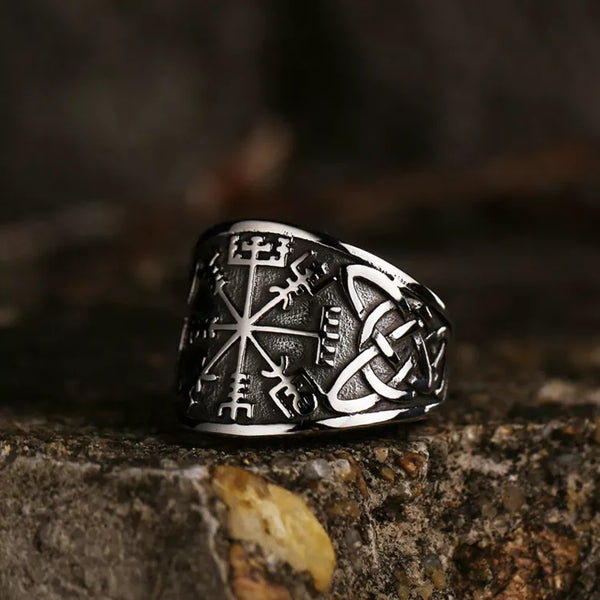 silver ring with vegvisir symbol and celtic knot