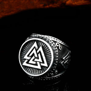 silver viking ring with valknut symbol