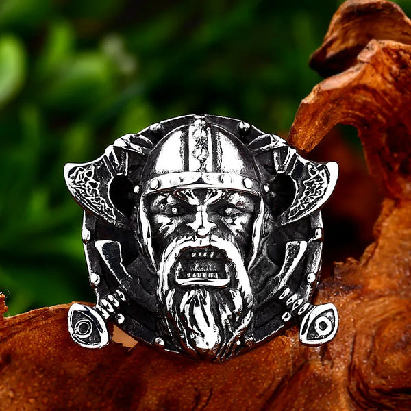 silver ring with bearded viking warrior and dual axes