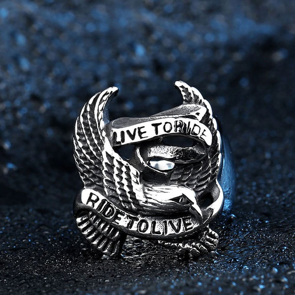 silver biker ring with eagle and text stating live to ride