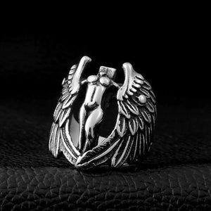 silver ring of headless angel with wings