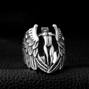 silver ring of headless angel with wings