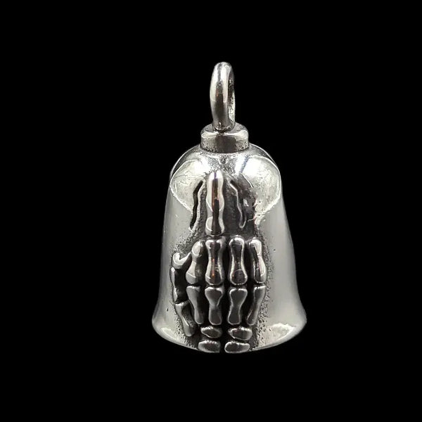 silver gremlin bell with skeleton hand giving middle finger