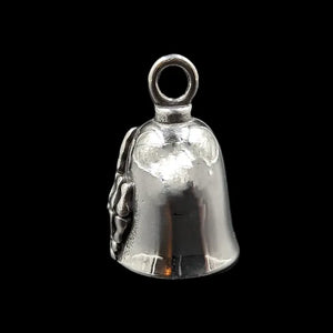silver gremlin bell with skeleton hand giving middle finger