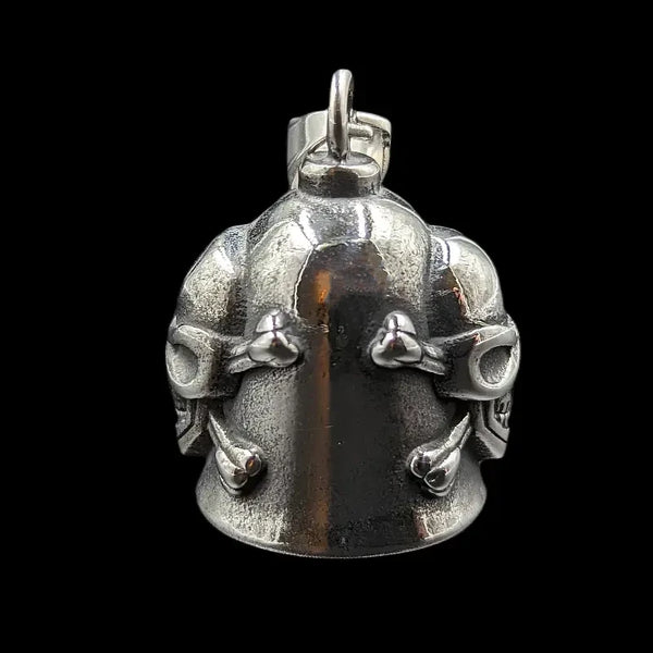 silver gremlin bell with skull and crossbones